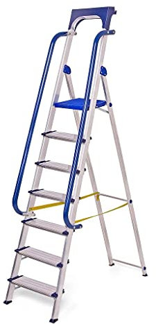 Escalera Secure de 7 peldaños, aluminio reforzado, pasamanos, bandeja de herramientas extraíble, altura de la plataforma 158 cm, capacidad de carga 150 kg, Hostrom