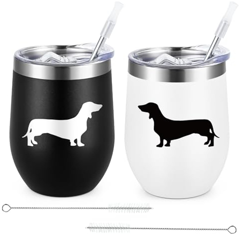 Lifecapido Weinglas für Hundeliebhaber, Dackel-Silhouette, Edelstahl, 2er-Set, Dackel-Geschenke für Damen und Herren, Weihnachtsgeschenk, Geburtstagsgeschenk für Wiener-Hundeliebhaber (340 ml, Schwarz