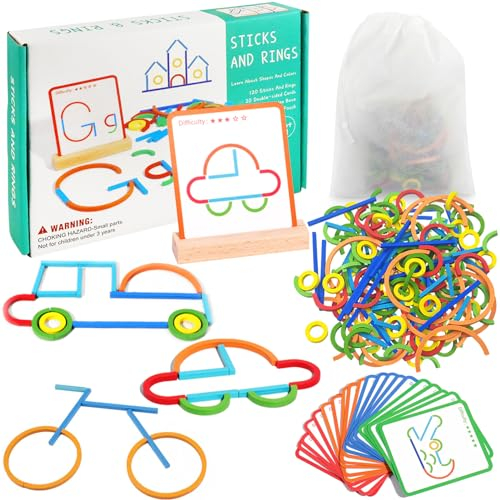 TaimeiMao Montessori Spielzeug ab 3 Jahre,120 Holz Sticks und Holz Ringe,20 Karten,Montessori Steckpuzzle Lernspielzeug Geschenkidee für Mädchen/Jungen,Form Farberkennung Kinderspielzeug ab 3+ Jahren