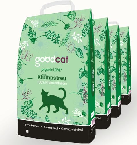 Goodcat Organic Love Kompostierbare Katzenstreu 4x8 Liter –Klumpstreu aus 100 Prozent Pflanzenfasern, Biologisch abbaubar
