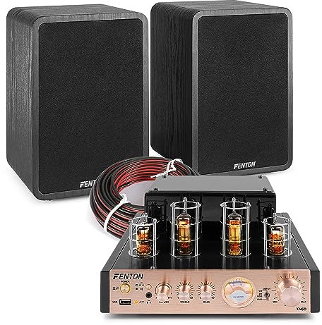 Fenton Bookshelf Speaker System, SHFB65 2-Way 200W Stereo Speakers with TA60 Bluetooth Tube Amplifier, Home Stereo HiFi System, RCA & USB Inputs, 10m Cable Included
