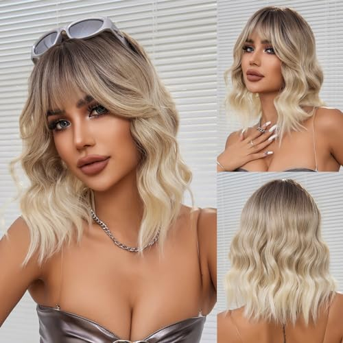 OUFEI Ombre Blonde Perücken für Frauen Kurz Gewellt Perücke mit Pony Natürliches Synthetisches Haar Hitzebeständig Perücken für Tägliche Party Cosplay Tragen