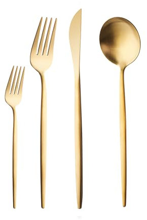 Karaca Bella Set de Couverts 24 pièces en Acier Inoxydable pour 6 Personnes, Durable et Moderne, Couverts Antirouille, Compatible Lave-vaisselle et Élégants, Finition Or Mat