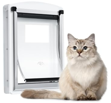 [MAVRICTECH] Katzentür für Tür – Katzentür für Außen- und Innentüren, Stahlrahmen, magnetische Doppelklappen, 2 Schiebeschlösser, witterungsbeständig, passend für Katzen bis zu 6,8 kg, Weiß