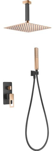 IMEX - Ducha Empotrada Techo Monomando Oro Rosa | Kit de Grifería Empotrado con Alcachofa y Rociador Antical Efecto Lluvia | Columna Ducha Empotrada en Latón y Acero Inox S.304 |Serie Suecia