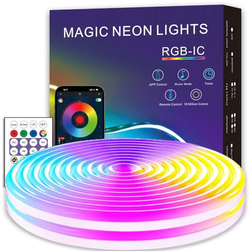 EcoMyLife LED Neon Rope Lights, 5M RGB Plus IC Strip Lights, IP68 Waterproof Flexible Rope Light with APP&Remote Control, Dimmable Neon Strip for Gaming Room Living Room Bedroom Indoor Outdoor Decor