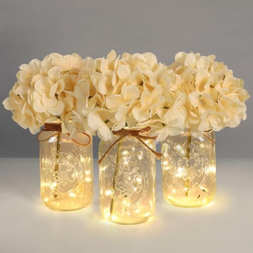Mason Jar Lights Centerpiece Set of 3 Farmhouse Jars Vase with Champagne Hydrangea Table Decorations for Living Dining Room Kitchen Christmas Thanksgiving