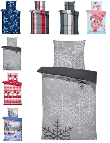 one-home Winter Bettwäsche Thermo Fleece Kuschelig Warme Bettbezüge Flauschig Warm Weich, Größe:4 teilig 135x200 cm, Farbe:Schneeflocken Kristalle grau