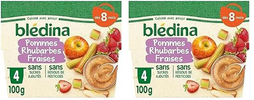 Blédina - Coupelles Fruits Pommes Rhubarbes Fraises - dès 8 Mois - Le pack de 4x100g (Lot de 2)