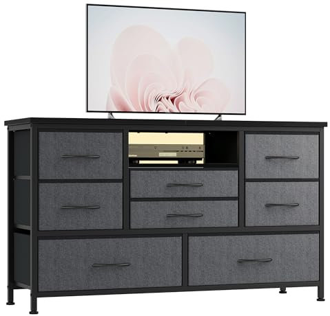 Baloveby Commode à 8 Tiroirs, Meuble TV avec Lumière LED, Station de Charge, Commode pour Chambre, Salon, Couloir avec Structure en Métal, Plateau de Table en Bois, Gris