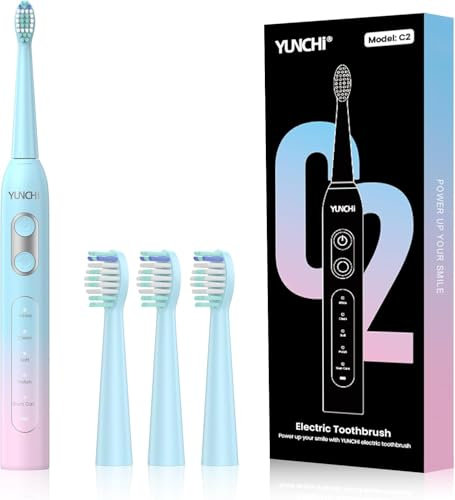 YUNCHI C2 Electric Toothbrushes for Adults with 4 Brush Heads, Rechargeable Sonic Toothbrush with 5 Modes, Blue