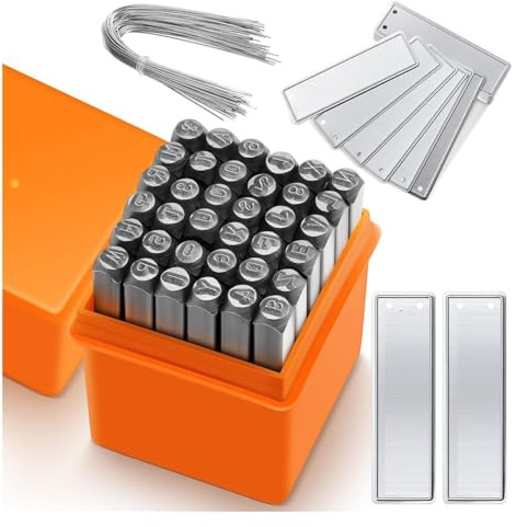 FYOBOT 36 Pcs Steel Metal Stamping Set 1/8 Inch(3mm) with 50 Pcs Aluminum Plant Label, Steel Number and Letter Stamp Tool Kit