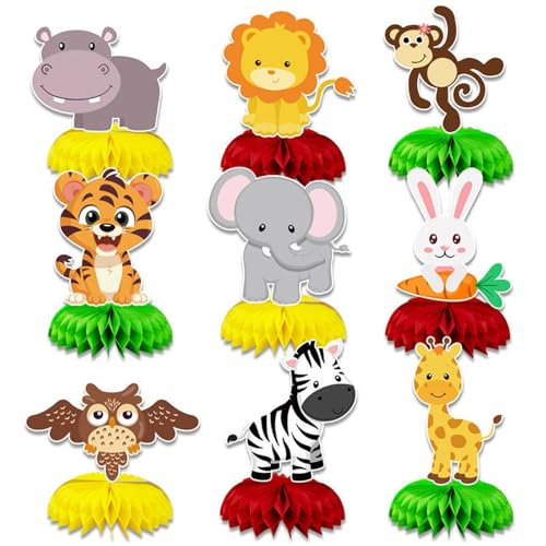 Ainmto 9 Stück Dschungel Tiere Bienenwabe Tischdeko,Honeycomb Mittelstück Deko für Kindergeburtstag Party