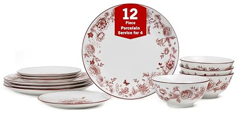 Stone Lain Esme Service de table 12 pièces en porcelaine, assiettes et bols, pour 4 personnes, passe au micro-ondes et au lave-vaisselle, rouge