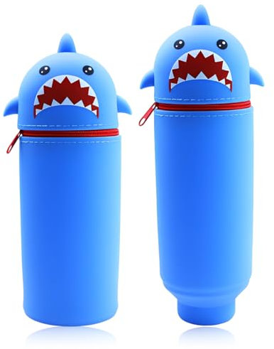 DEZP 1 Stück Kawaii Pencil Case 2 In 1 Soft Silicone Federmäppchen 18.5 * 6.5Cm, Multifunktions Tiere Theme Pen Holder Zipper Colored Pencils Marker, stifte mäppchen Für Legami Pens(Hai，C) (Haiblau)