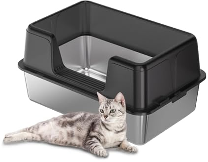 Hodeffior Cat Litter Tray - Stainless Steel Cat Litter Box Big Open Litterbox Easy to Clean for Kittens Cats 50 x 35 x 28 cm
