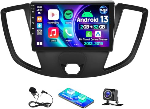 Autoradio für Ford Transit Custom Tourneo 2013-2019 mit Carplay Android Auto 9 Zoll HD Touchscreen Bluetooth Mirror Link FM/RDS HiFi GPS Navi WiFi Rückfahrkamera Mikrofon, 2+32G