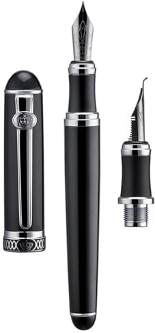 Lanxivi Duke D2 Fountain Pen Black Silver Trim Fine Nib with Additional Fude Nib (Bent Nib) and Converter Calligraphy Art Pen Set