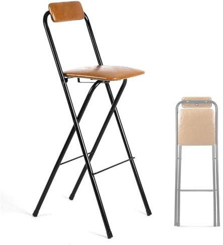 XQJLBZA Sedia Alta da Cucina Portatile da 65 cm, Sgabello da Bar Pieghevole Imbottito in PU Marrone con Schienale per Campeggio RV Party
