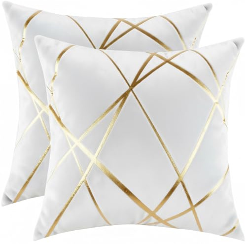 Miuyunya 2er Set Samt Kissenbezug Gold Line Art 45x45 Deko Kissen Wohnzimmer Modern Kissenhülle Weiß Sofakissen Kissenbezüge Dekorative Zierkissenbezüge Square für Sofa Schlafzimmer Couch
