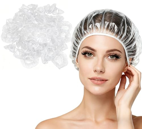 50PCS Disposable Shower Caps,Plastic Clear Hair Cap Large Thick Waterproof Bath Shower Cap for Women Hotel Travel Deep Conditioning Hair Care Cleaning Supplies