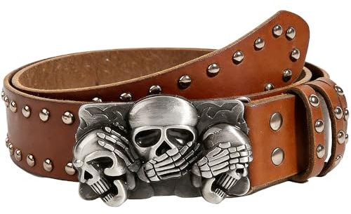 RSGMU Mens Belt Leather Skull Buckle Belt Waist Band Jeans Decorative Punk Belt Black Studded Belts for Men Y2k Skull Belts