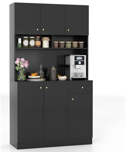 COSTWAY Tall Kitchen Cupboard, 6-Door Buffet Pantry Storage Cabinet with Outlets, USB Ports, Adjustable Shelves & Anti-Tipping Kits, Freestanding Sideboard Organizer for Dining Living Room (Black)