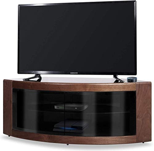 Homeology Centurion Supports PANGEA Real Wood Walnut Veneer Beam-Thru Curved Tru-Corner 32”-55” TV Cabinet
