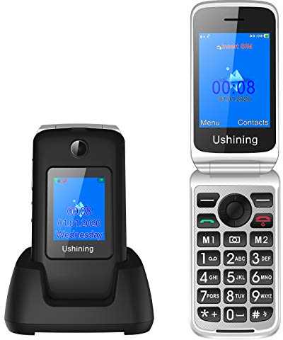 Cellulare per Anziani con Tasti Grandi, Ukuu 3G Telefono per Anziani 2,8 + 1,77 Schermo Dual SIM Cellulare Anziani a Conchiglia Volume Alto,Facile da usare con Base di Ricarica - Nero
