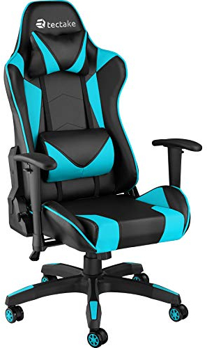 tectake® Gaming Stuhl, Bürostuhl ergonomisch, Computerstuhl mit hoher Rückenlehne, Gaming Sessel, PC Stuhl, inkl. Lordosenstütze und Nackenkissen, Racing Stil - schwarz/Azur