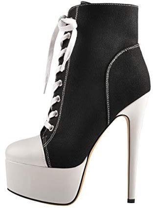 Only maker Damen Plateau Stiefeletten Fashion Sneakers Ankle Boots Schnürstiefeletten aus Canvas Stiletto Absatz Schwarz 39 EU