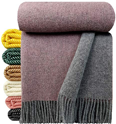 STTS International Wolldecke 100% Schurwolle Wohndecke in versch. Farben 140 x 200 cm Tagesdecke Schurwolldecke Woll-Plaid Tirol (Grau-Rosa/Lila (Double face), 140 x 200 cm)