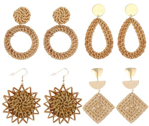 SOIMISS 4 Paare Rattan-ohrringe Makramee-ornamente Braid Ohrringe Handmade Rattan Ohrring Creolen Aus Rattan Ohrjacken-ohrringe Für Frauen Boho Drop Ohrringe Quaste Geschenk Fräulein