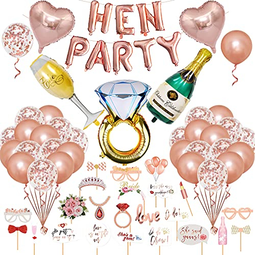 Unisun Junggesellenabschied Frauen JGA Deko Accessoires 60 Stück Roségold folie Hen Party Luftballons Banner mit Konfetti Latex Helium Ballons Foto Requisiten für Bachelorette Dekorationen
