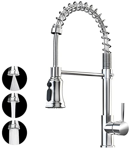 ZHZIRO Kitchen Sink Mixer Tap with 360° Swivel Pull Down Sprayer Commercial Single Handle Tap Cold and Hot 3-Modes Spray with Standard Fittings Chrome