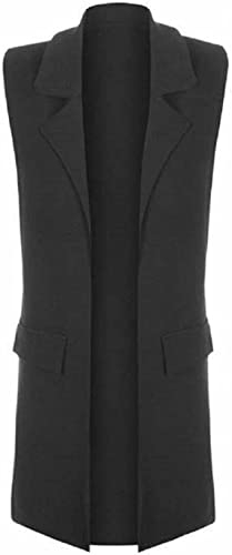 LUXE DIVA Ladies Front Open Sleeveless Long Duster Coat Waistcoat Blazer Womens Sleeveless Open Front Long Waistcoat Stylish Crepe Pocket Jacket Coat Plus Size UK Size 8-26