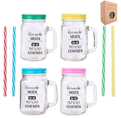 Jarra Cristal Con Caña Recuerdo Molón 1ª Comunión - Jarras con Frases, tazas originales para Detalles, recuerdos y regalos de Comuniones (Precio unitario)