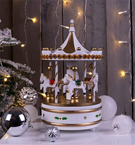 St Helens Home & Garden Wooden Carousel Music Box (White & Gold)