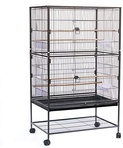 Vogelkäfig für den Innenbereich aus Stahl und Holz mit herausnehmbarem Tablett, 4 Rädern, Trespolo und Futterbehälter, großer Voliere für Papageien, Nymphensittiche, Tauben (78 x 52 x 132 cm)