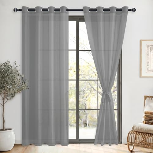 DWCN Sheer Voile Vorhänge mit Ösen Transparente Gardinen Ösenvorhang | Dunkelgrau, 225x140cm(HxB), Transparent Tül Perde mit Vorhang-Krawatten Schienensystem Vorhänge für Wohnzimmer 2 Stücke