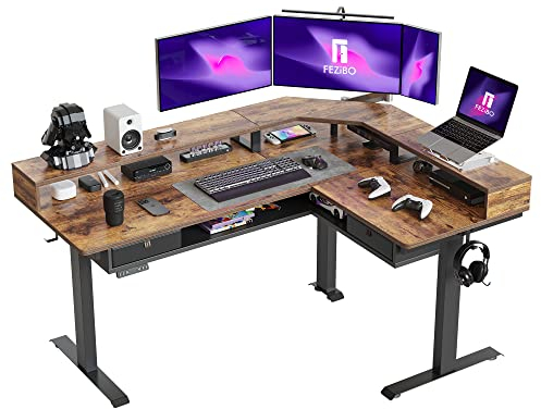 FEZIBO 160cm Schreibtisch Höhenverstellbar Elektrisch mit LED Strip, L Form Gaming Stehpult mit Monitorständer und 2 Schublade, DREI Motoren Groß eckschreibtisch, Braun Tischplatte