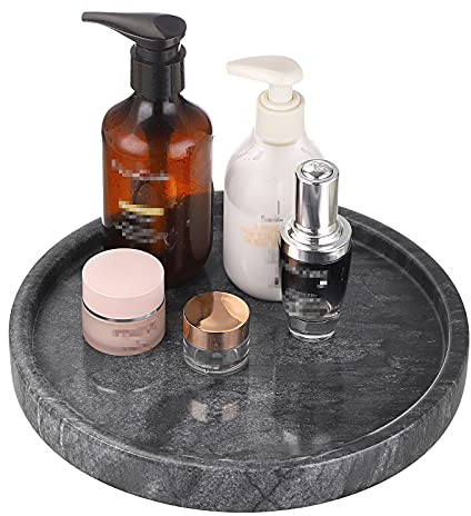 TOLIDA Bandeja Decorativa Redonda- Mármo Natural Bandeja de organización de Mesa 25CM Negra Organizador con Diseño de Mármol para Jabón Toalla Planta para Hogar Cocina Baño