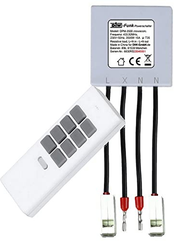 DIW-Funk PS-552: SPARSET Funkschalter Power-Modul DPM-3500 oft zum Einbau hinter Steckdosen, hohe Leistung bis 3500 Watt, 8 Sender-Speicher, im Set mit 12-Kanal Handsender DHS-12