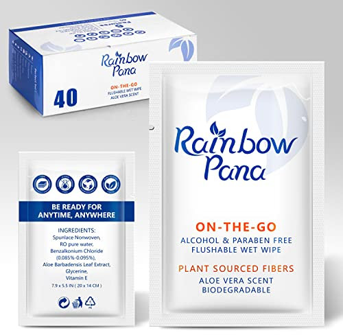 RainbowPana Flushable Wipes, 40 Count, ON-THE-GO Individually Wrapped - Butt Wipes for Women and Men, Travel Wipes for Family - Infused with Vitamin E and Natural Aloe, pH Balanced