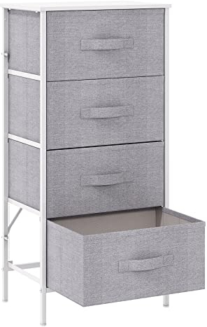KU Syang Dresser with 4 Drawers - Fabric Chest of Drawers with Large Storage Space, Modern Tall Tower Unit Storage Organiser for Living Room/Bedroom, Wooden Top and Metal Frame (White/Grey)