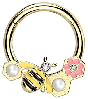 beyoutifulthings Piercing-Ring Gold Biene Blume Perlen Universal-Piercing Ohr-Ring Nase Septum Segment-Ring Klapp-Verschluss 10-mm