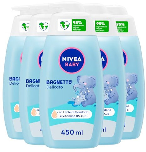 Nivea Baby Detergente Soffici Bolle Bagnetto Docciaschiuma per Bambini Delicato con Estratti di Fiori di Tiglio e Camomilla - 5 Flaconi da 450ml