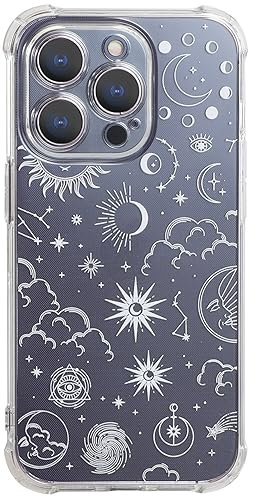 CHEORFAY iPhone 14 Pro Max Case, Clear Transparent Flexible Soft Silicone TPU Bumper Buffer Shockproof Protective Cover with Fantasy Astrology Pattern Design for iPhone 14 Pro Max - Moon Star