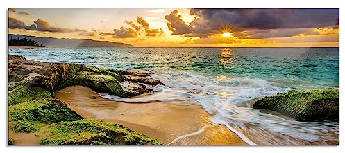 Pixxprint Glasbild Panorama, Wandbild aus Echtglas, Sonnenuntergang auf Hawaii, 100x40 cm, inkl. Aufhängung und Abstandshalter