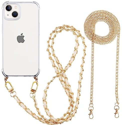 Pnakqil für iPhone 13 Pro MAX Hülle mit Band und Kette, Handyhülle Transparent mit [2 Stück] Handykette zum Umh?ngen Kordel Necklace, Weiche TPU STO?fest Schutzhülle Case, Gold & Wei?